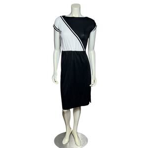 Vintage 80s Black White Color Block Midi Dress Retro Cap Sleeve Medium